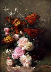 Sommerblomster (bl.a. roser og pelargonier). Maleri af Jean Baptiste Robie (1821-1910) Privat samling.