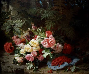 Stilleben med roser og hindbær. Maleri af Jean Baptiste Robie (1821-1910) Privat samling.