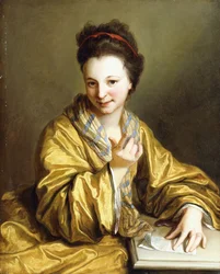 En ung dame, iført en gul kappe, siddende ved et bord, vinkende, 1703