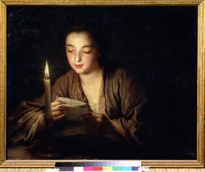 Pige med et stearinlys. Maleri af Jean Baptiste Santerre (1658-1717). Olie på lærred, 64 x 79 cm, ca. 1700. Fransk kunst fra 1700-tallet. Pushkin Museum of Fine Arts, Moskva.