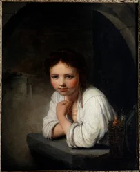 Portræt af en pige i vinduet Maleri af Jean Baptiste Santerre (1651-1717) 1700-tallets Orleans musee des Beaux Arts