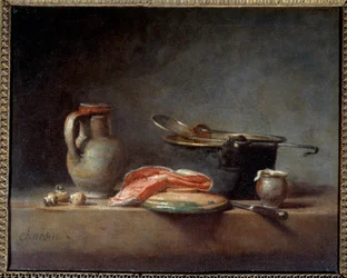 Kobbergryde, skimmer, kande og skive laks. Stilleben. Jean Baptiste Simeon Chardin (1699 - 1779)