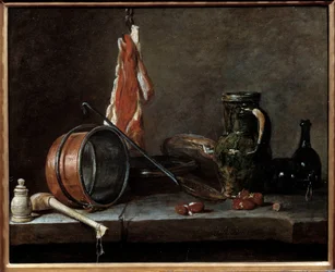 Fedt menu og køkkenredskaber. Stilleben. Maleri af Jean Baptiste Simeon Chardin (1699-1779)