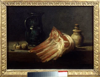 Køkkenbord og redskaber med en fårefirkant. Maleri af Jean Baptiste Simeon Chardin
