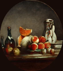 Meloner, pærer, ferskner og blommer, eller The cut melon, 1760