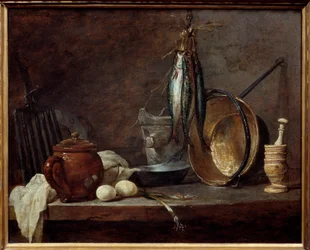 Menu af magert og køkkenredskaber. Stilleben. Maleri af Jean Baptiste Simeon Chardin (1699-1779)