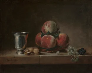 Stilleben med ferskner, en sølvpokal, druer og valnødder, ca. 1759-60 (olie på lærred)