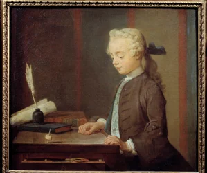 Toton-barnet. Auguste Gabriel Godefroy (1728-1813) Et barn, der leger toton, har på en måde fire ansigter, der drejes som en top. Maleri af Jean Baptiste Simeon Chardin (1699-1779) 1738. Dim. 0,67x0,76 m.