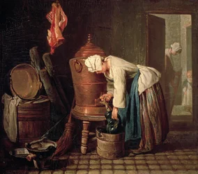 Kvinde trækker vand fra en kobbercisterne, ca. 1732