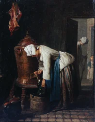 Kvinde henter vand ved cisternen
