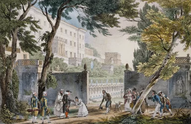 En villa: mødescene for adelen - gravering af Johannes Døberen (Jean-Baptiste) Thomas (1791-1833), ca. 1820