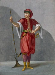 En albansk soldat, tavle 78 fra »Samling af hundrede tryk, der forestiller Levantens forskellige nationer« af Charles de Ferriol, stukket af Gérard Scotin (1671-1716), 1707-08