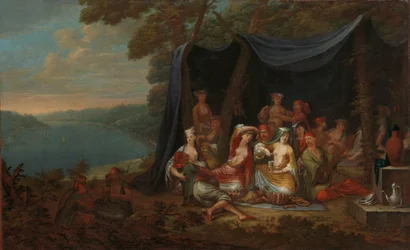 Fête champêtre med tyrkiske hoffolk under et telt Festende tyrkiske hoffolk foran et telt