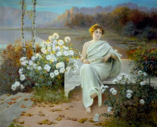 Det gamle Rom: "Reverie" En ung kvinde sidder på en bænk i en blomsterhave, hendes blik er fortabt i tanker. Maleri af Jean Beauduin (1851-1916) 1901 Privat samling