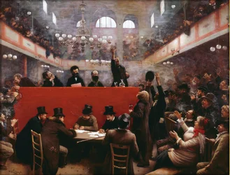 I Graffards mødesal (Reunion a la salle Graffard) (placeret på 138, boulevard de Menilmontant i Paris) af Beraud, Jean (1849-1936)