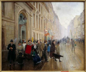 Udgangen af konservatoriet i rue du Faubourg fishonniere. Maleri af Jean Beraud (1849-1935) 1800-tallet. Svag. 0,46x0,55m. Paris, Musée Carnavalet