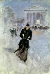Ung elegant kvinde ved boaen i rue Royale i Paris Maleri af Jean Beraud (1849-1935) Tours fra det 20. århundrede, Musee des Beaux Arts
