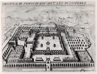 Saint-Louis Hospital, begyndelsen af det 17. århundrede (gravering) (s/h foto)
