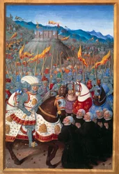 Ludvig XII (1462-1515) modtog seks bourgeois fra Genes på knæ (25. april 1507). Miniature af Jean Bourdichon (1457? - 1521) i "" Voyage de Genes"" (Folio 20v) skrevet af Jean Marot, v.1508. Paris, B N