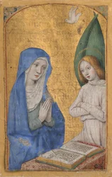 Manuskriptblad med bebudelsen fra en timebog, ca. 1485-90.