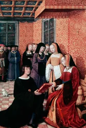 Digteren Jean Marot (1450-1526) overdrager sit værk Voyage to Genoa til Anne af Bretagne (1477-1514), ca. 1508, miniature af Jean Bourdichon (1457-1521). Frankrig