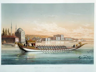 Osmannerriget: "" Sultanens palads og paradebåd i Konstantinopel"" Akvarel af Jean Brindesi (1826-1888)