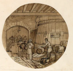 Tegning, design til en bemalet porcelænstallerken, interiør fra et vinbrænderi, 1831-44