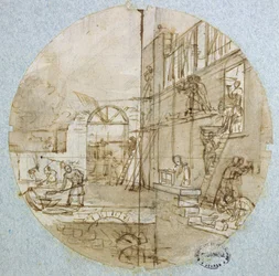 Murerens værksted, tallerkendesign til et stel med forskellige håndværk, ca. 1820-35