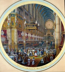 Kroningen af Karl X (1757-1836) i katedralen i Reims den 28/05/1825. Akvarel til et guéridon-projekt ved Jean-Charles Develly (1783-1862), 1825. Diam. 0,37m. Sèvres. Porcelænsmanufaktur