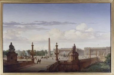 Place de la Concorde, udsigt fra terrassen ved vandet; kong Louis-Philippe krydser pladsen i en karet, 1846 (olie på lærred)