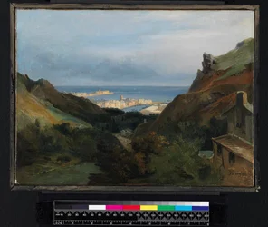 Italiensk landskab med udsigt over en havn, før 1875