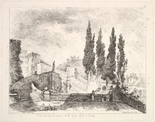 Udsigt over haverne ved Villa dEste i Tivoli, cyperns træer til højre, en trappe fører..., 1764.