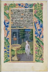 Fru Lat. Q.v.I.126 f.58 David spionerer mod Bathsheba, mens hun bader, fra Louis dOrleans