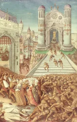 Nouv. Acqu. Fr. 24920, fol. 12: Bortførelsen af Helena, fra ”Historien om Trojas ødelæggelse”, ca. 1500