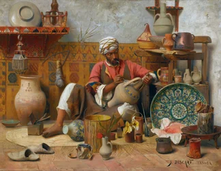 Et keramikatelier, Tanger - Jean Discart (1856-1944). Olie på træ Dimension: 35&545,5 cm Privat samling