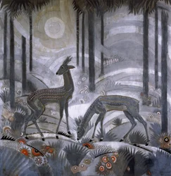 To hjorte i en skov, ca. 1929 (lakeret træpanel)
