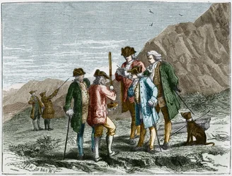 Florin Perier måler højden af Evangelista Torricellis eller Toricellis barometer (kviksølvrør) under eksperimentet med tyngdekraften af luften fra Blaise Pascal, på toppen af Puy de Dome (1648). Gravering af Yan Dargent.