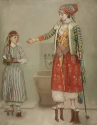 En dame i tyrkisk kostume med sin tjener ved hammam, midten af det 18. århundrede.