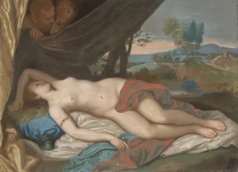 Sovende nymfe udspioneret af satyrer, baseret på et maleri efter et tryk efter Anthony van Dyck