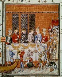 Banket tilbudt af kong Charles V af Frankrig (1338-1380) på Palace of the Cite til ære for kejser Charles IV (1316-1378) og Wencesla IV (1363-1419), konge af Boheme. Miniature fra "Great Chronicles of France" af Jean Fouquet (1420-1481), Paris, B.N.