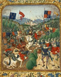 Slaget ved Azincourt (1415). Under Hundredårskrigen besejrede Englands Henrik 5. det franske Armagnac-parti - i „Grandes Chroniques de France“ af Jean Fouquet, omkring 1467-1476. Victoria & Albert Library