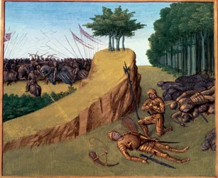 Slaget ved Roncesvalaux (778). Roland døde i Roncevaux. Miniature i "" Grandes Chronicles de France"" (Folio 113) af Jean Fouquet (141.-147.) BN, Paris.