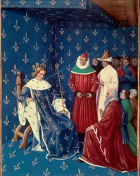 Karl V (1338-1380) modtog ambassadørerne for Charles IV (1316-1378), kejser af det hellige germanske rige i 1377. Miniature fra et manuskript af Jean Fouquet (1420-1481)