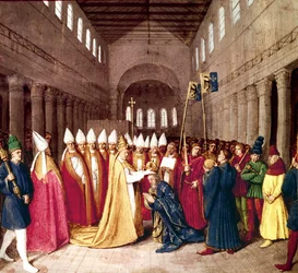 Kroning af kejser Karl den Store den 25. december 800 i Rom af pave Leo III, belysning fra "Les Grandes Chroniques de France" af Jean Fouquet, ca. 1455-1460