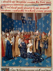 Kroningen af Ludvig VIII (1187-1226) og Blanka af Kastilien (1188-1252) i Reims i 1224. Miniature fra manuskriptet "Grandes Chroniques de France" af Jean Fouquet (1420-1481), 15. århundrede. Paris, B.N.