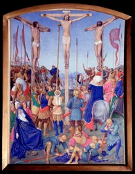 Korsfæstelse. Miniature taget fra "" The Book of Hours of Etienne Chevalier"" af Jean Fouquet (1420-1477/1481)