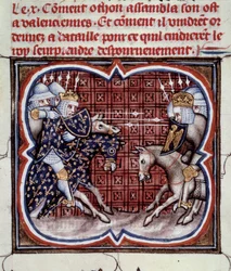 Fransk-engelsk krig (1202-1214): Slaget ved Bouvines den 27/07/1214 mellem den franske hær af Philippe Auguste og de flamske og velfarne fra Othon IV. Den franske sejr var afgørende for krigens udfald. Miniature fra "Great Chronicles of France" b