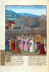Josva og Jerikos fald. Illustration i Flavius Josephus ""Jødernes antikviteter"" (Antiquitatum Iudaicarum) af Fouquet, Jean (1420-1481). Gouache på pergament, slutningen af det 15. årh., Bibliotheque Nationale de France
