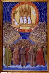 Den hellige treenighed, de helliges valgret i miniaturen i "" Etienne Chevaliers timer"" af Jean Fouquet (1420-1481)
