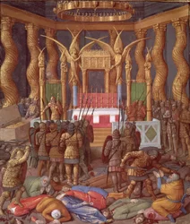 Ms Fr 247 f.293 Vanhelligelsen af templet i Jerusalem i 63 f.Kr. ved Pompejus og hans soldater, illustration fra „Jødiske oldtidsminder“, ca. 1470